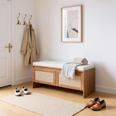 Homy Casa Storage Bench with Cane Front and Upholstered Cushion for Entryway or Living Room, Walnut | Target