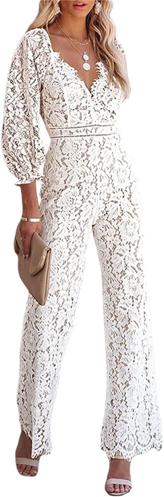 Womens Lace One Piece Jumpsuit Floral Long Sleeve V Neck Hollow Out High Waisted Wide Leg Rompers... | Amazon (US)