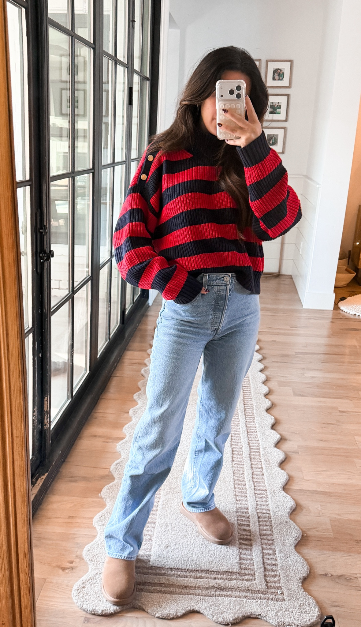 Stripe sweater with gold button detail. Wearing size large but could have done a medium. Love the oversized feel of it! 