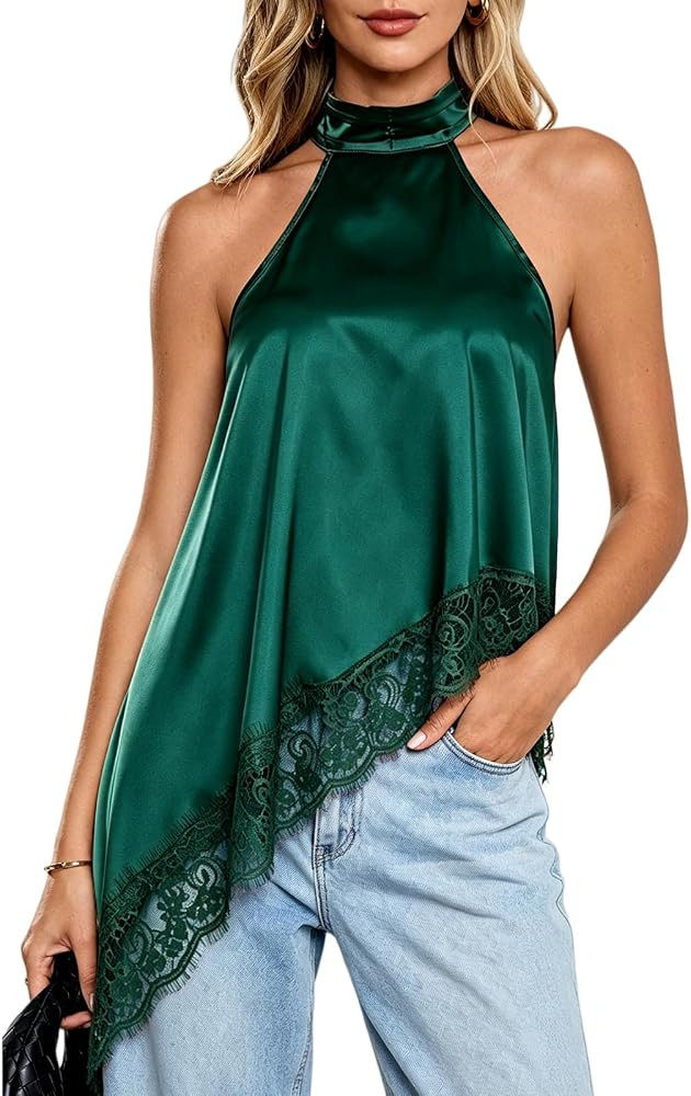 Women's Y2k Halter Top Satin Mock Neck Sleeveless Tank Tops Lace Trim Asymmetrical Hem Cami Sexy ... | Amazon (US)