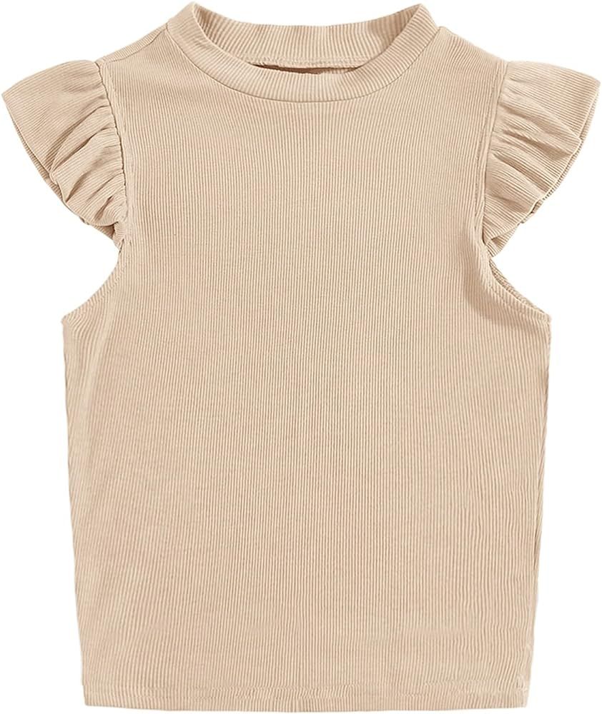 Meilidress Kids Girl's Crew Neck Sleeveless Tops Ruffle Trim Solid Color Cute T-Shirt Blouse Pullove | Amazon (US)