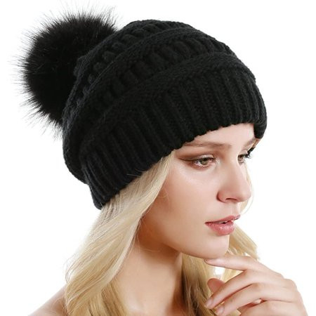 RPVATI Women Soft Warm Chunky Cable Knit Beanie Hats Winter Faux Fur Pompom Hat | Walmart (US)