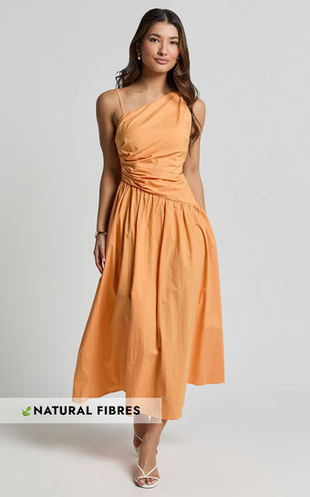 Ebony Midi Dress - Asymmetrical Cut Out Dress in Orange | Showpo (US, UK & Europe)