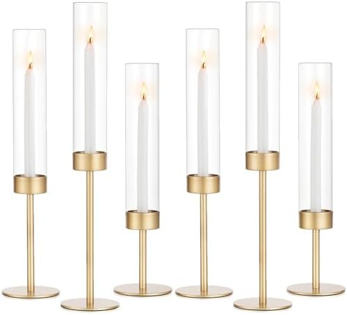 Glass Hurricane Candlestick Holders Gold - Romadedi Set of 6 Taper Candle Holder Bulk Tall Clear ... | Amazon (US)
