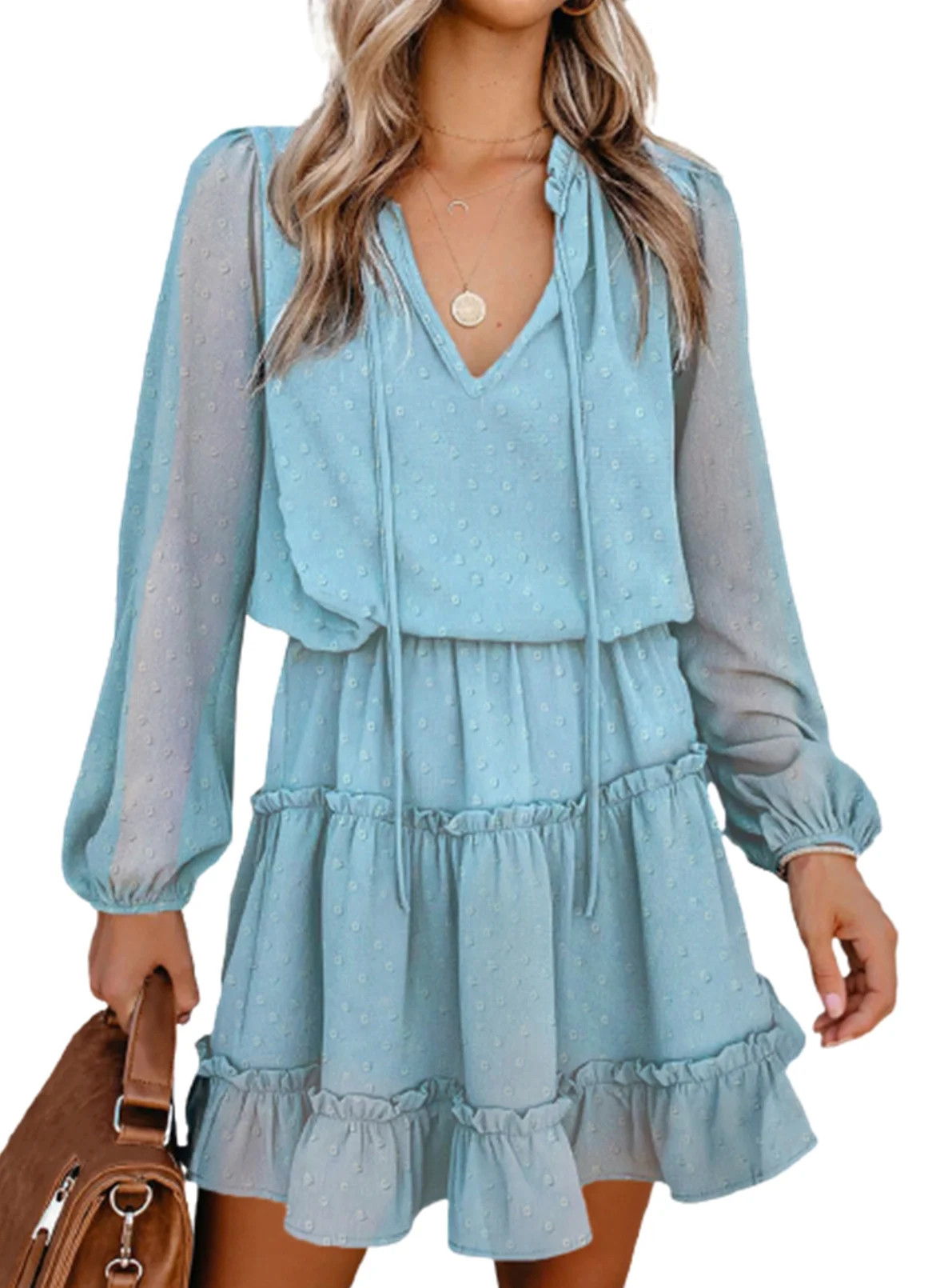 Dokotoo Womens Sky Blue Split V Neck Ruffle Chiffon Mini Short Skirt Dresses Size Medium US 8-10 | Walmart (US)