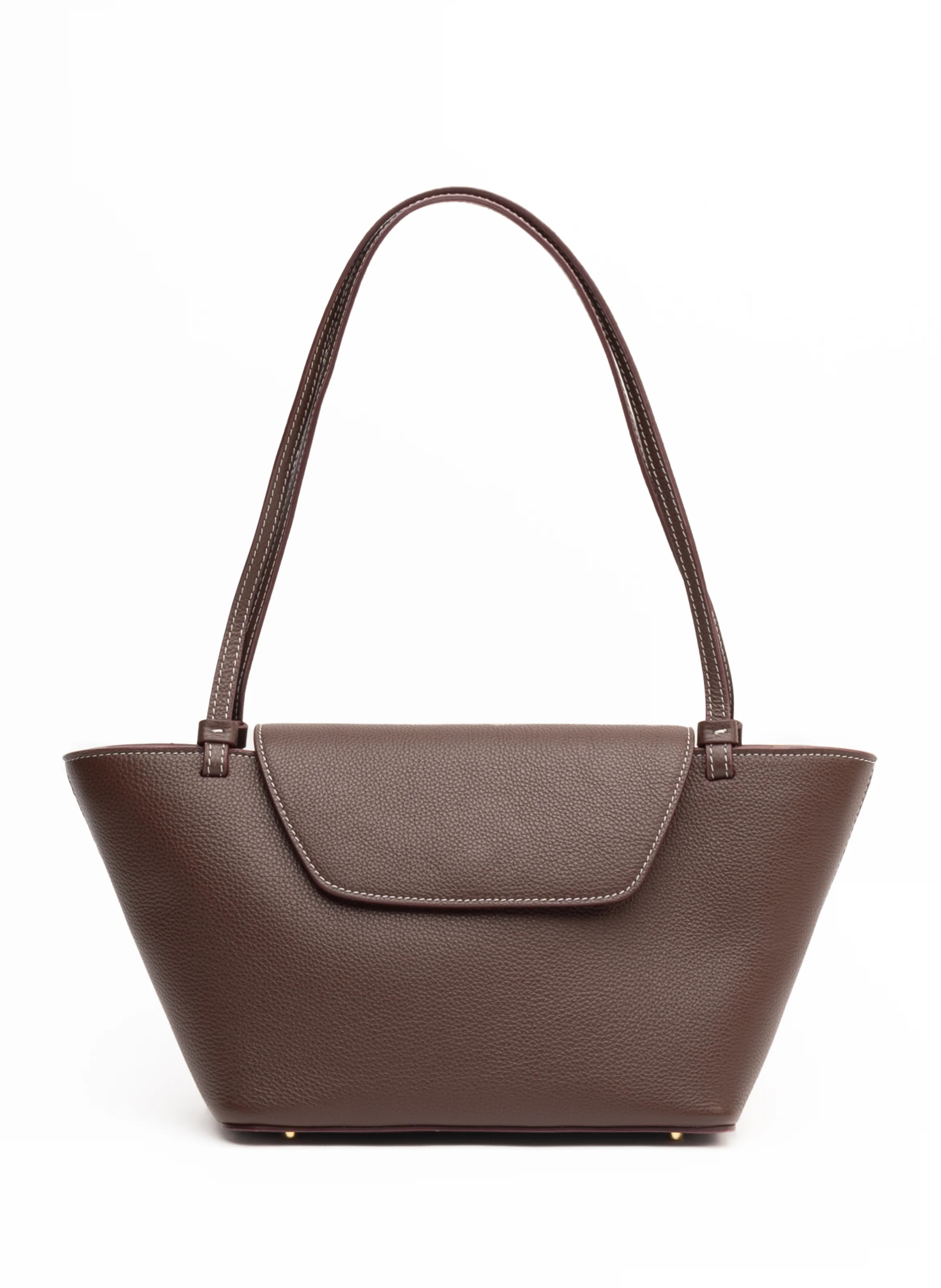 Courrier Tote Pebbled Leather Dark Brown White Stitches - Work Tote Bag - Elleme | Elleme