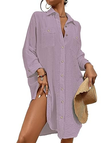 Bsubseach Womens Modern Swimsuit Cover Up Blouse Button Down Shirt Dresses Tops Light Purple XXL | Amazon (US)