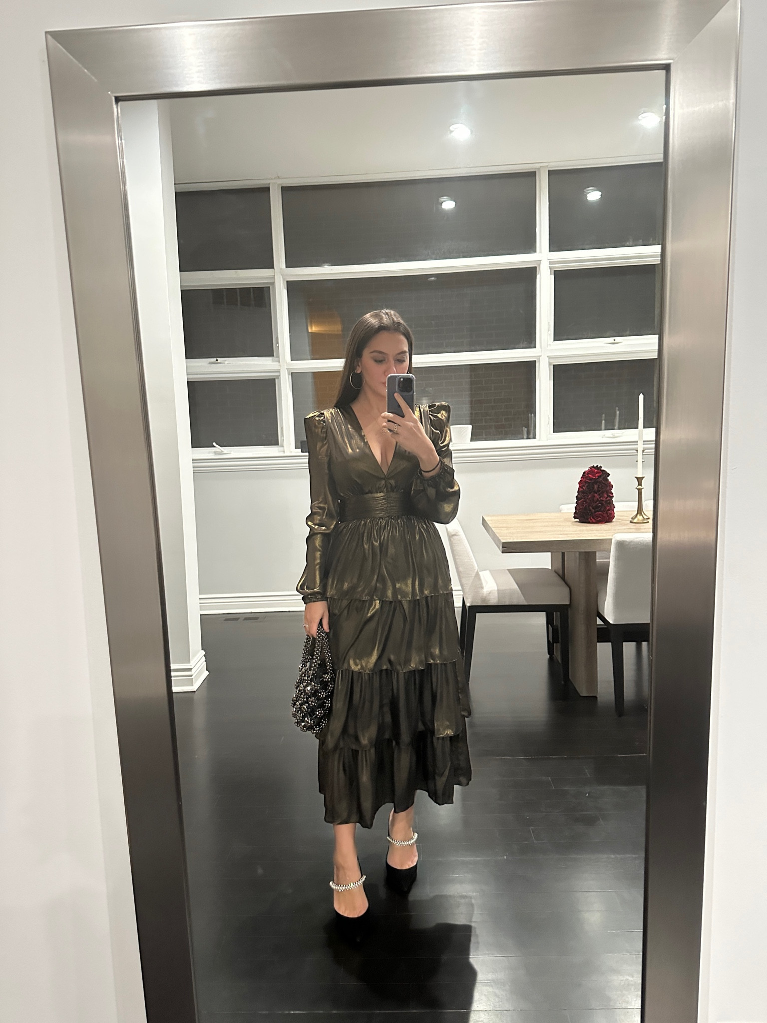 Metallic tiered midi dress - wearing a size Small (safety pinned the chest so it didn’t cut too low)

#LTKSeasonal #LTKwedding #LTKHoliday