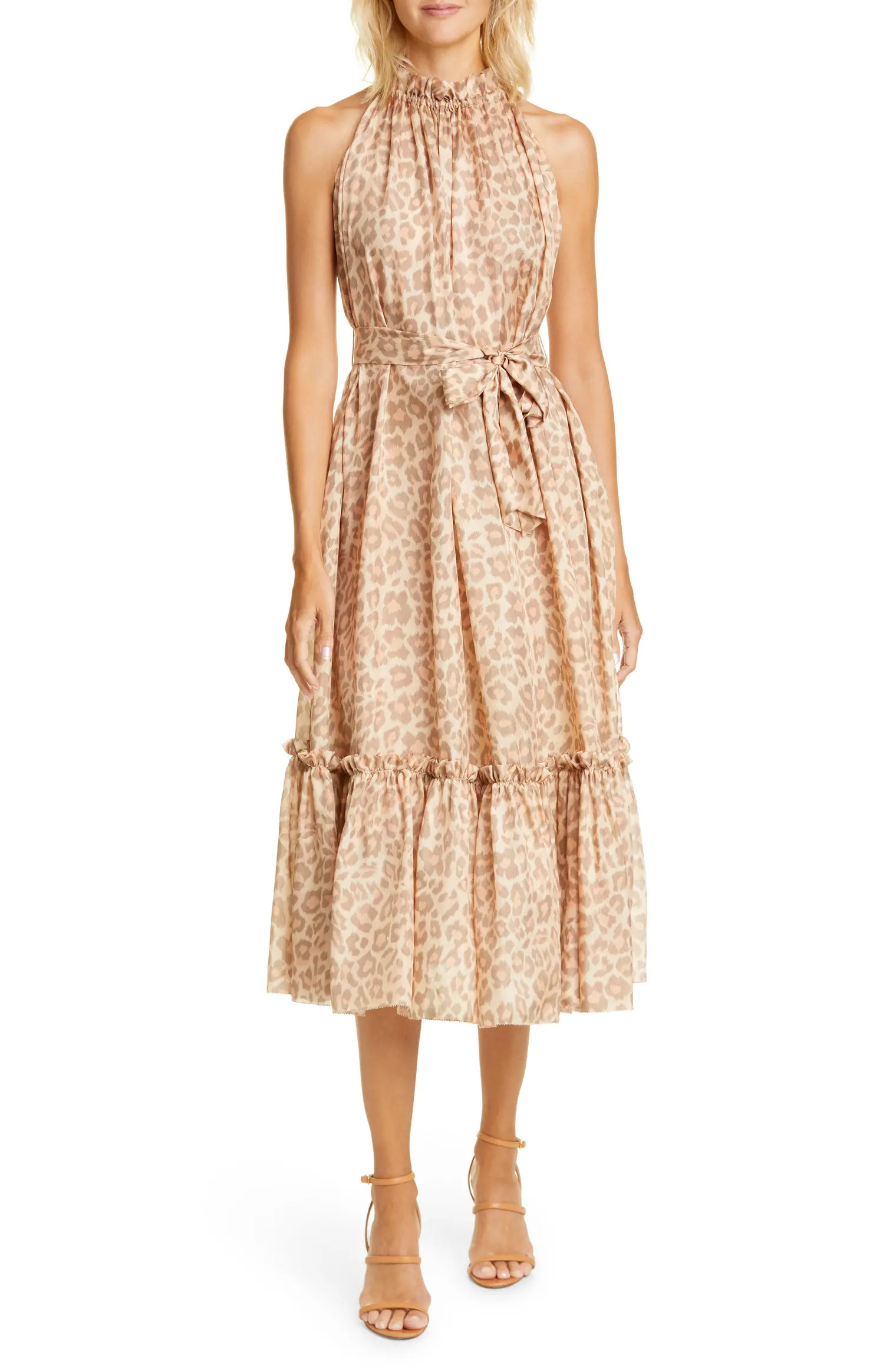 Kirra Leopard Print Ruffle Silk Midi Dress | Nordstrom