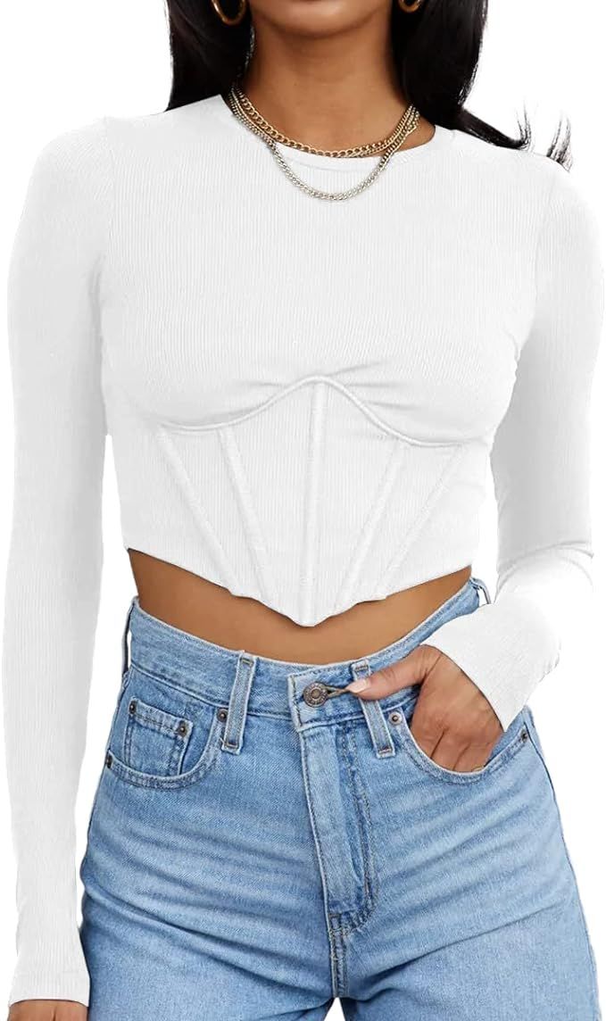 Kelyne Women Ribbed Long Sleeve Party Going Out Crop Tops for Women Cute Corset Cropped Sexy Fall... | Amazon (US)