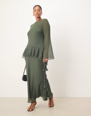 ASOS DESIGN Curve long sleeve frill hem chiffon maxi dress in dark green | ASOS (Global)