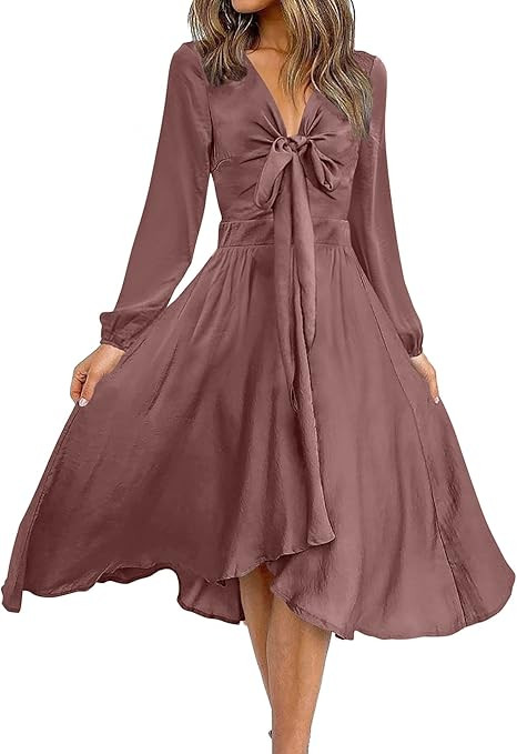 BTFBM Women's Satin Deep V Neck Summer Dresses Short Sleeve Tie Front High Waist Flowy Ruffle A-L... | Amazon (US)