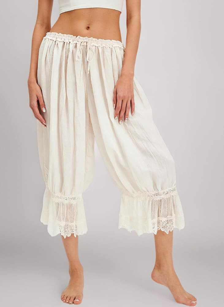 Women Ruffle Long Bloomers Y2k Lace Trim Pettipants Pantaloons Mid Rise Cropped Pants Under Dress... | Amazon (UK)