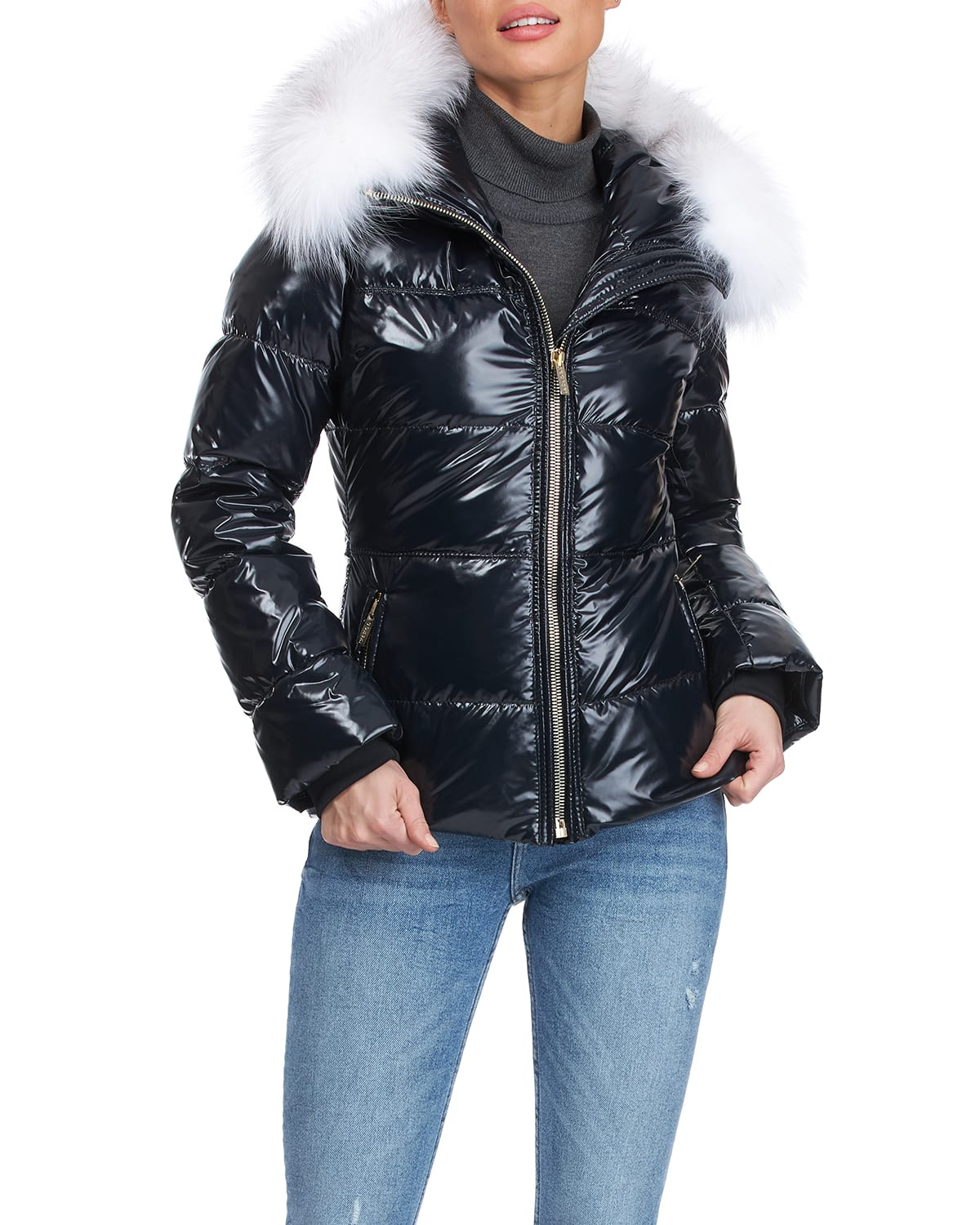 Shiny Apres-Ski Jacket With Detachable Fox Fur Hood Trim - 24 | Neiman Marcus