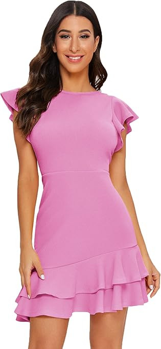 Floerns Women's V Back Inslace Layered Ruffle Hem Flutter Sleeve Dress | Amazon (US)