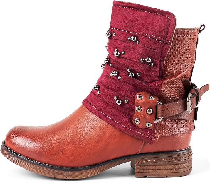 LALA IKAI Women Motorcycle Boots Ankle Combat Boots with Studded Low Block Heels Biker Shoes | Amazon (US)