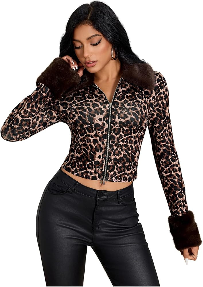 Milumia Women's Leopard Print Y2k Crop Jacket Faux Fur Trim Jackets Coat Outwear Clubwear | Amazon (US)