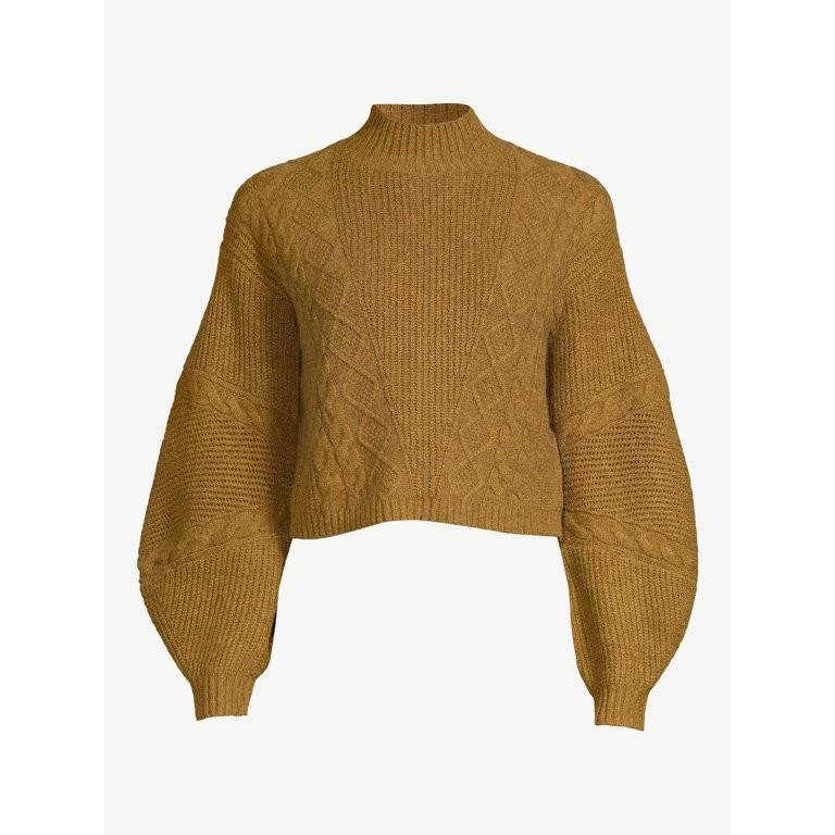 Scoop Women's Crop Cable Pullover Sweater with Long Sculpted Sleeves, Sizes XS-XXL | Walmart (US)