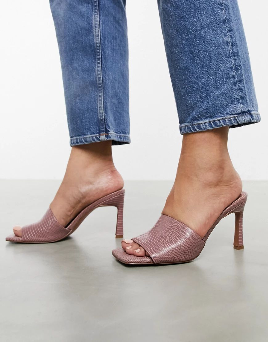 ASOS DESIGN Hattie mid-heeled mule sandals in blush lizard-Pink | ASOS (Global)