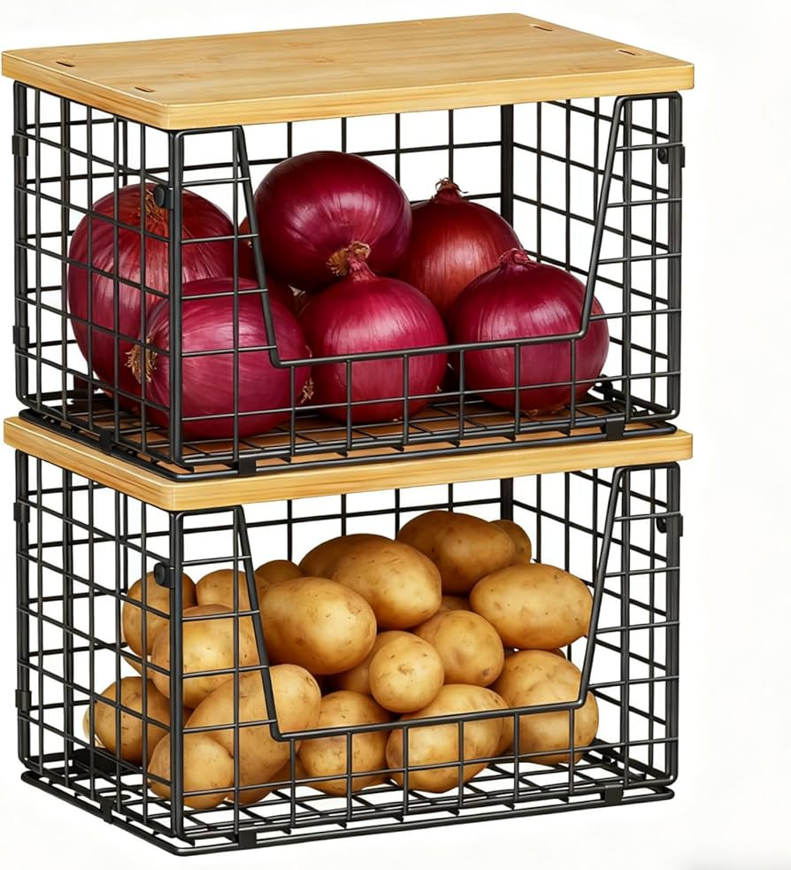 keomaisyto Stackable Wire Baskets, 2-Pack - Kitchen & Pantry Organizers for Potato, Onion Storage... | Amazon (US)