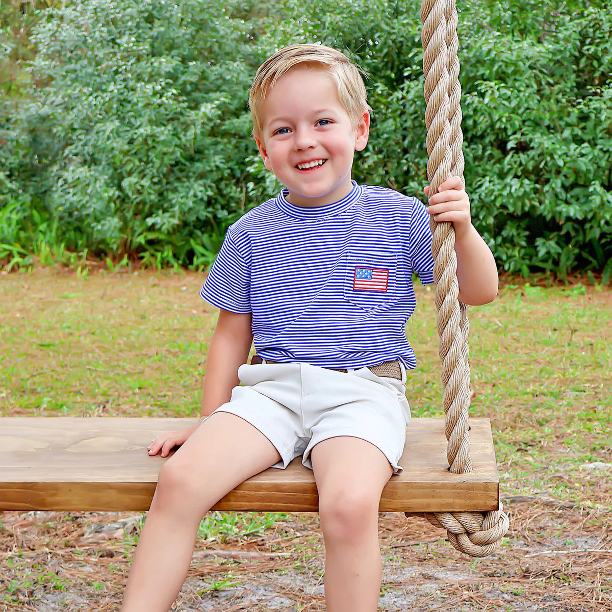 Flag Embroidered Blue Stripe Short Sleeve Pocket Shirt | Classic Whimsy