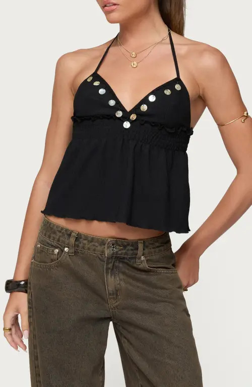 EDIKTED Pailette Sequin Halter Crop Top in Black at Nordstrom, Size Small | Nordstrom