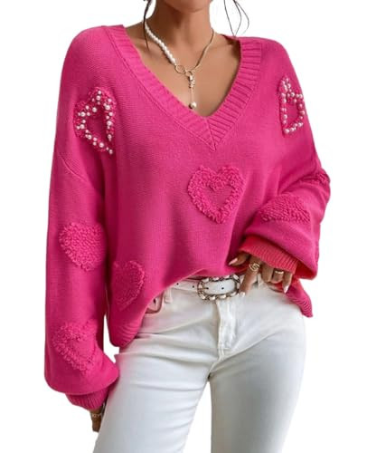 SELINK Women's Fuzzy Heart Sweater V Neck Pearl Drop Shoulder Casual Long Sleeve Valentines Sweaters Pullover Tops Pink-XL | Amazon (US)