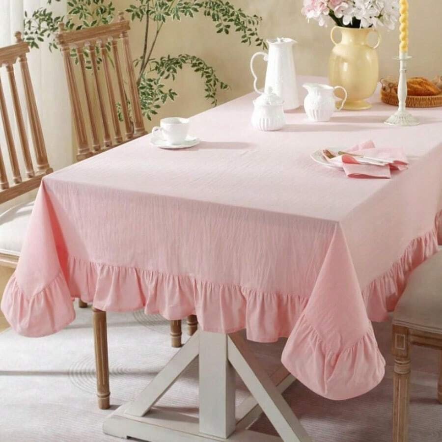 Solid Color Ruffled Tablecloth Cotton Rectangular Square Table Cover Decoration For Kitchen Dinni... | SHEIN