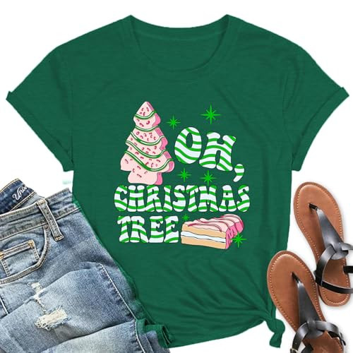 Oh Christmas Tree Cake Shirt Women Cute Merry Christmas Shirts Xmas Holiday Tops E-Green | Amazon (US)