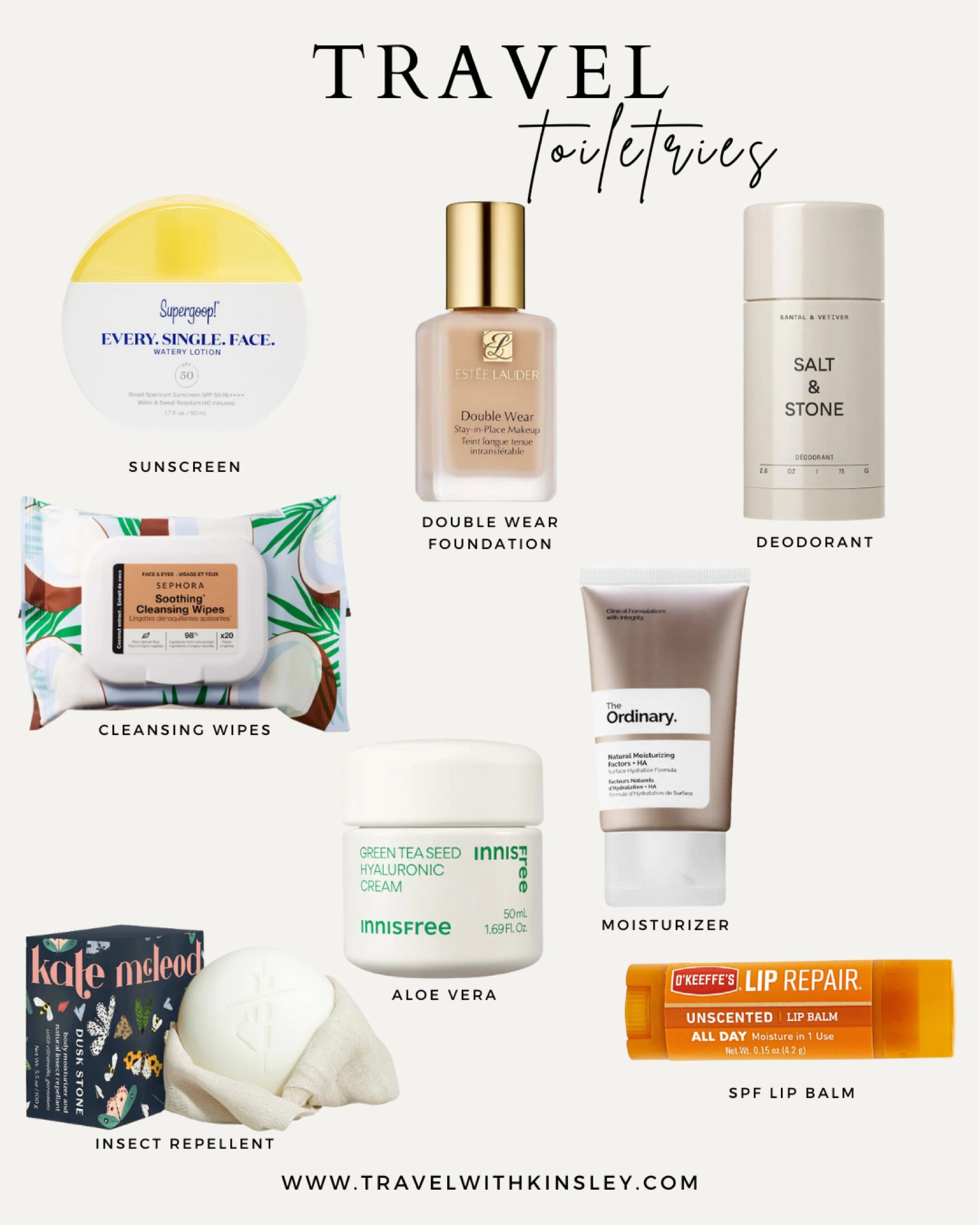 Travel toiletries: moisturizer, sun block, insect repellent, double wear foundation, cleansing wipes, spf lip balm, deodorant 

#LTKFindsUnder100 #LTKTravel #LTKBeauty