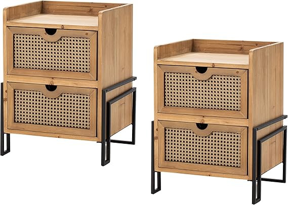 COZAYH Set of 2 Rustic Farmhouse Rattan Nightstand, Fully-Assembled Woven Front Accent End Table ... | Amazon (US)