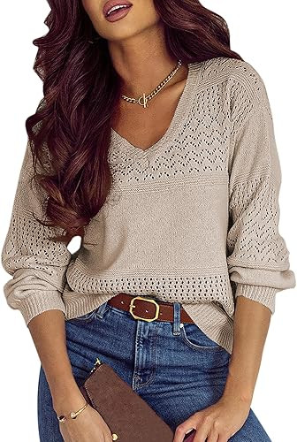 SHEWIN Women's Sweaters Casual Long Sleeve V Neck Lightweight Crochet Pullover Sweater Tops | Amazon (US)