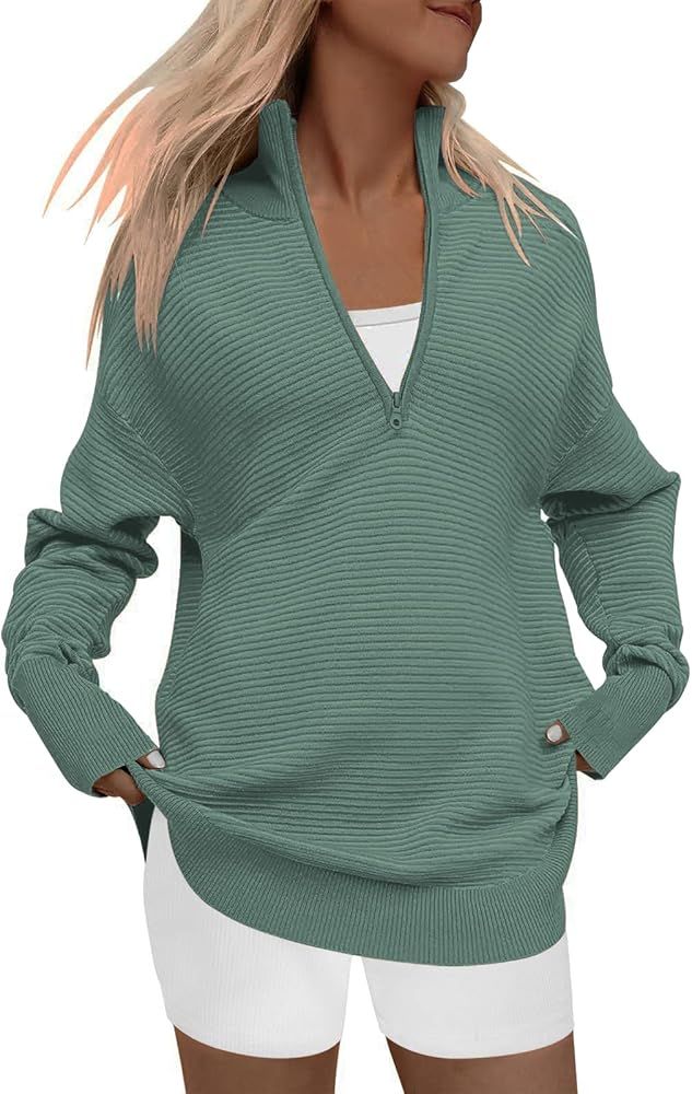 DEEP SELF Fall Women V Neck 1/4 Zip Pullover Stretch Sweater Long Sleeve Stand Collared Ribbed Kn... | Amazon (US)