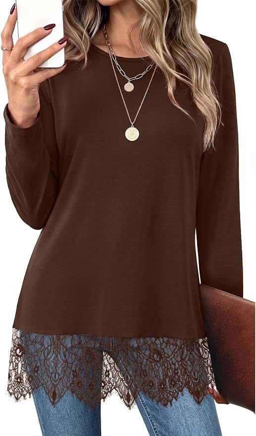 OFEEFAN Long Sleeve Shirts for Women Fall Fashion Clothing Lace Tunic Tops | Amazon (US)