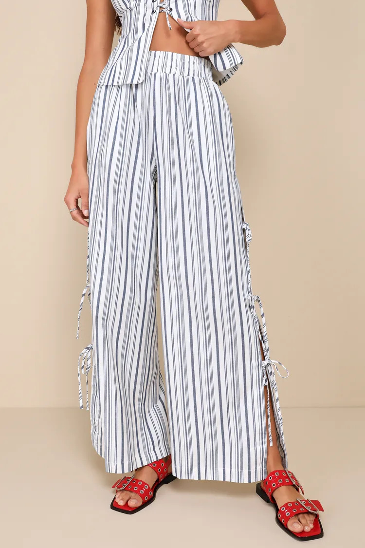 Infinite Sunshine Ivory & Blue Striped Side-Tie High-Rise Pants | Lulus