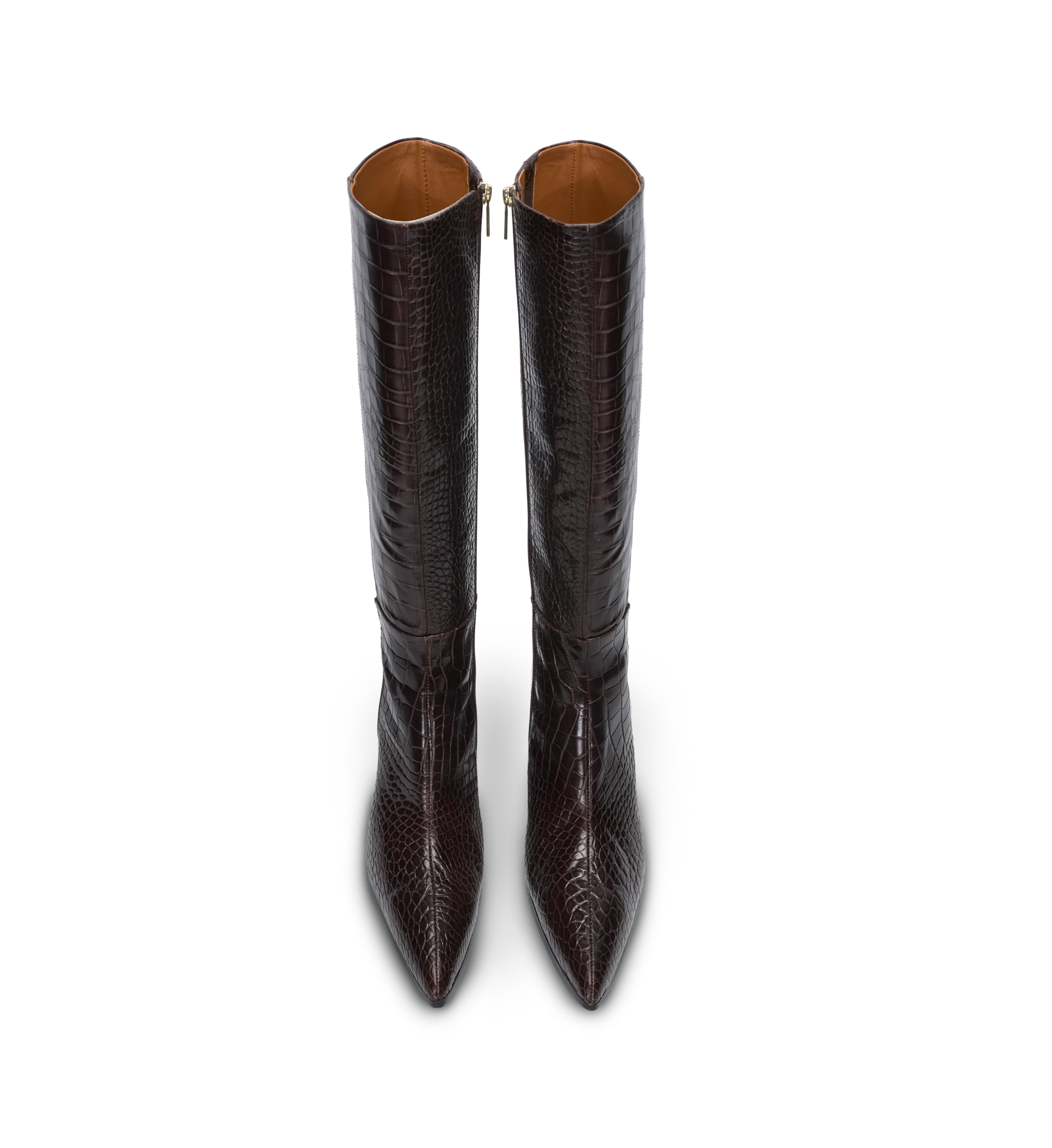 Pandion Chocolate Brown Croc Emboss Leather Knee High Boots | Bared Footwear | Bared Footwear