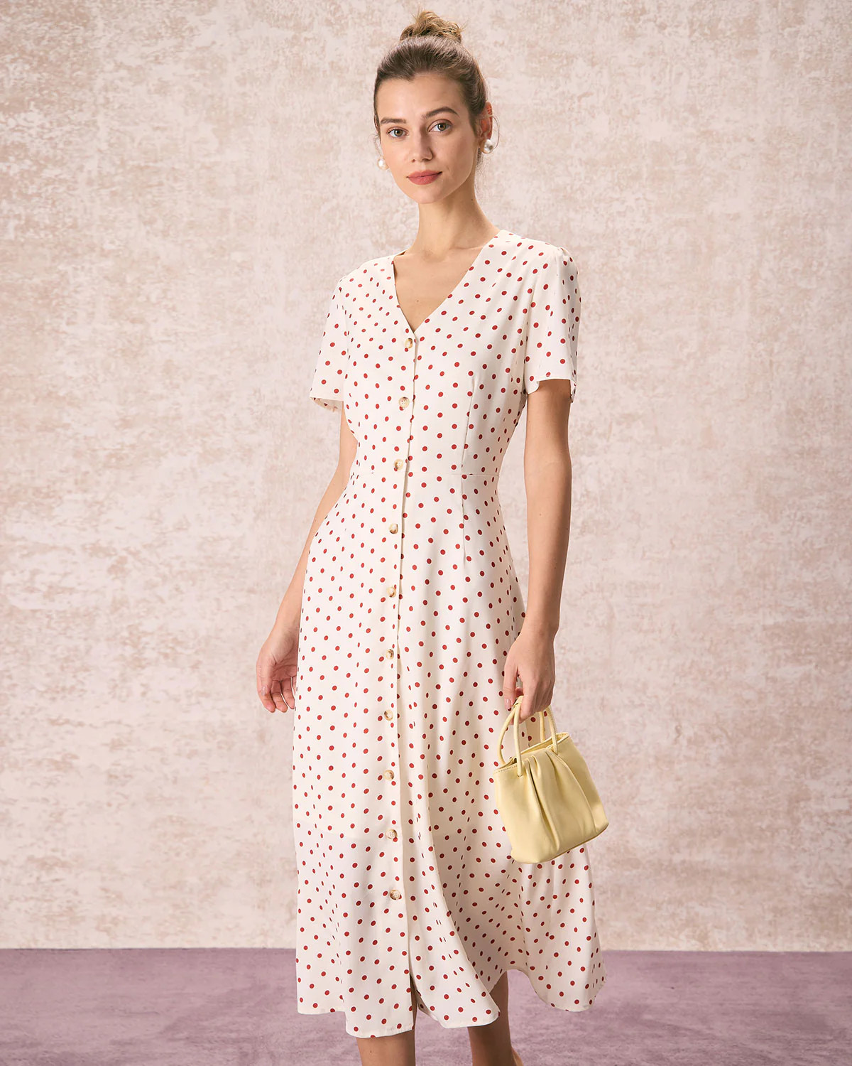 The Beige V Neck Polka Dot Button Midi Dress & Reviews - Beige - Dresses | RIHOAS | rihoas.com