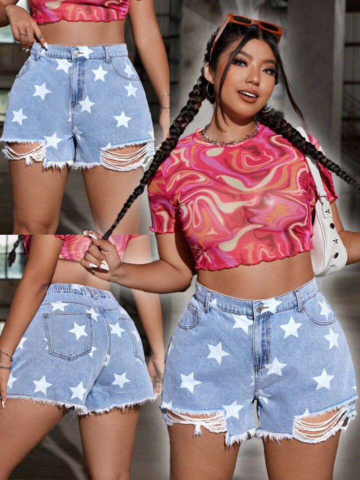 SHEIN EZwear Plus Size Loose Fit Denim Shorts With Frayed Hem, Distressed And Blue Star Print | S... | SHEIN