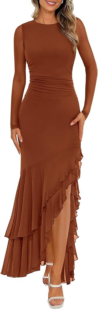 BTFBM Women's Maxi Dresses Fall 2025 Long Sleeve Ruched Bodycon Solid Ruffle Mermaid Cocktail Wed... | Amazon (US)