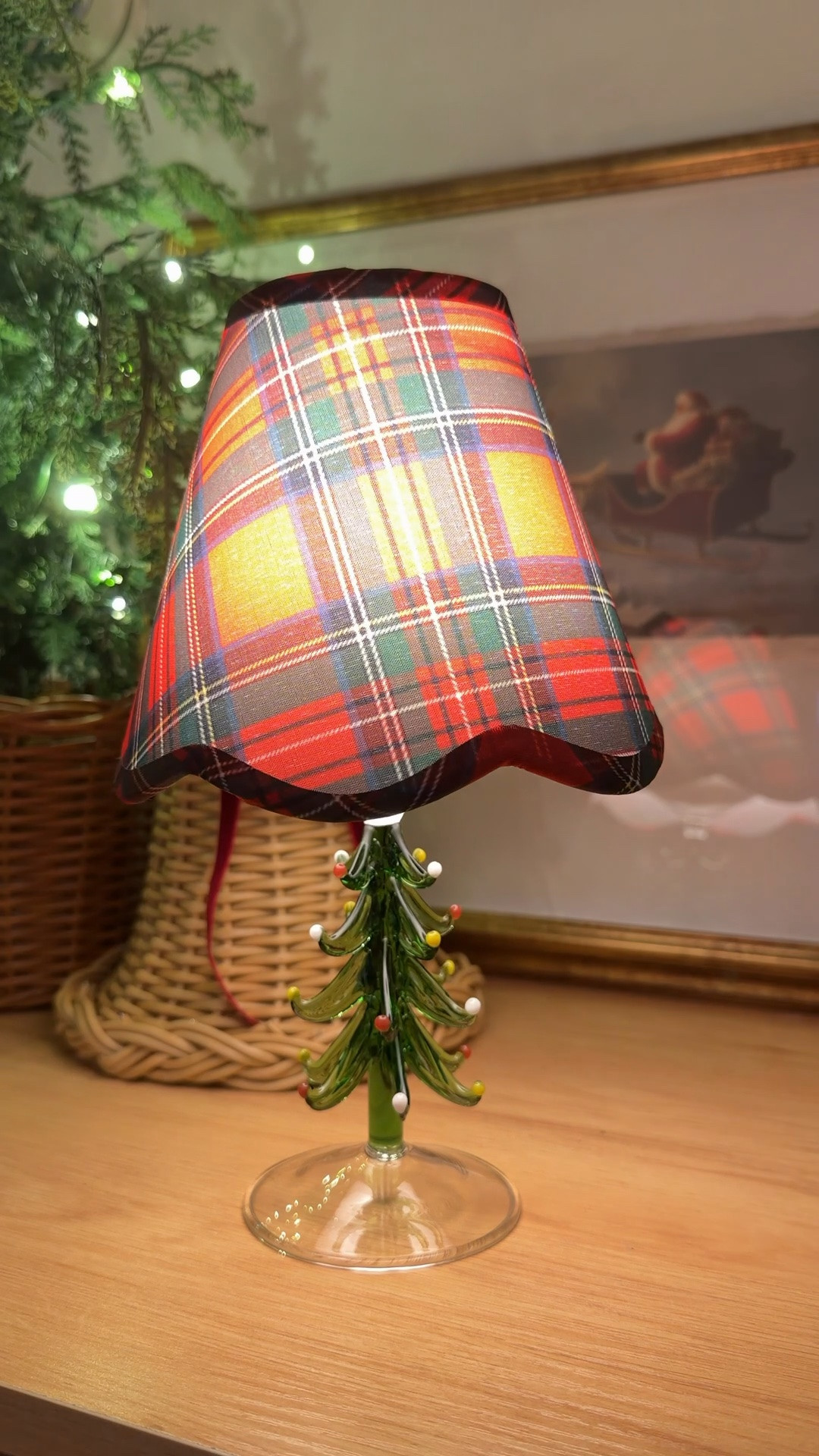 DIY Christmas Lamp! 🎄 how cute is this wine glass turned table lamp?! I love collecting holiday glassware and adding a remote controlled light bulb and chandelier lampshade totally transformed this wine glass! I love soft light during Christmastime and these will be on my table all season long!