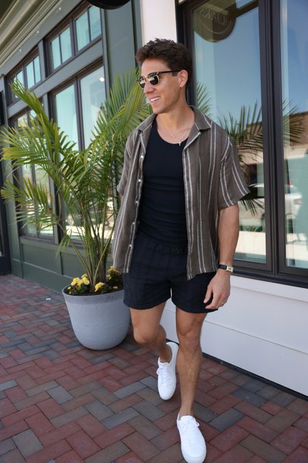 Easy warm weather outfit for guys - seersucker shorts, linen overshirt, black ribbed tank, and white shoes.

#LTKmens #LTKSeasonal #LTKstyletip