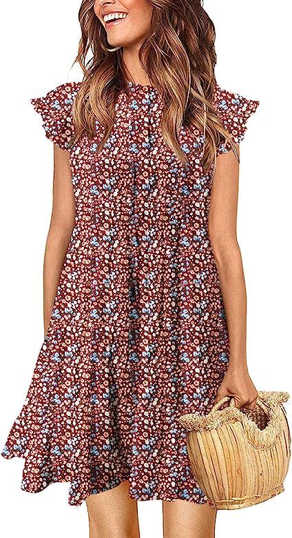 KIRUNDO Women’s Summer Sleeveless Ruffle Sleeve Crew Neck Floral Print Mini Dress Casual Loose Flowy | Amazon (US)