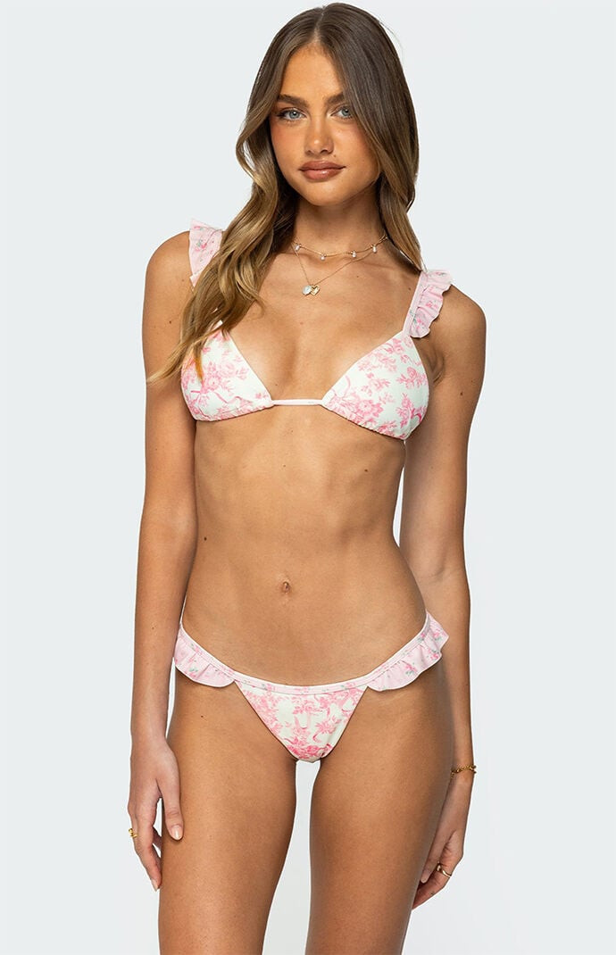 Edikted Women's Floral Ruffle Triangle Bikini Top in Light Pink - Size XS | PacSun