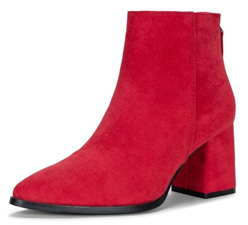 Jeossy Women's Red Chunky Heeled Ankle Boots, Pointed Toe Stacked Block Heel 9635 Booties with Zipper Size 9.5 (DJY9635 red 09.5) | Amazon (US)