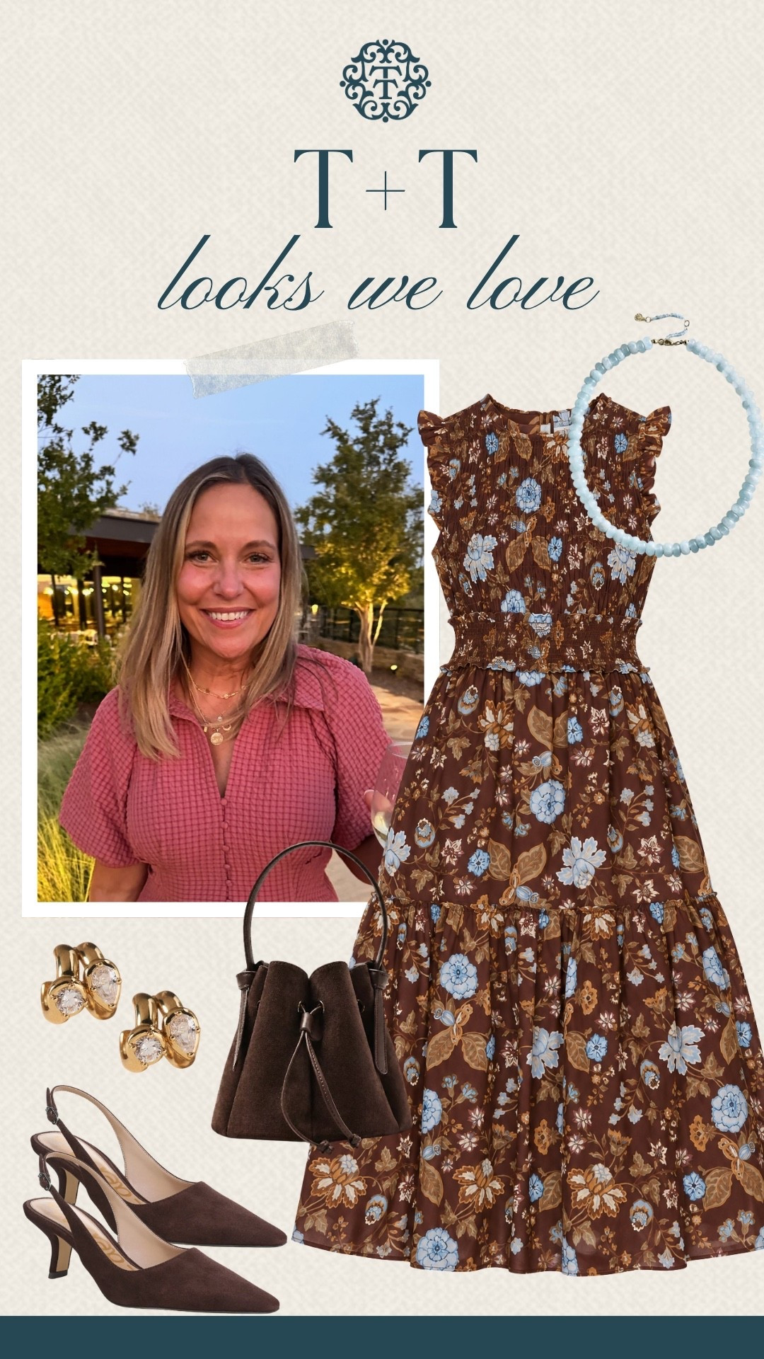 T+T looks we love! This floral Anthropologie dress is perfect for fall weddings, brunch, or a dinner out. We’d style it with brown slingback heels, a suede handbag, gold earrings, and a light blue beaded necklace.