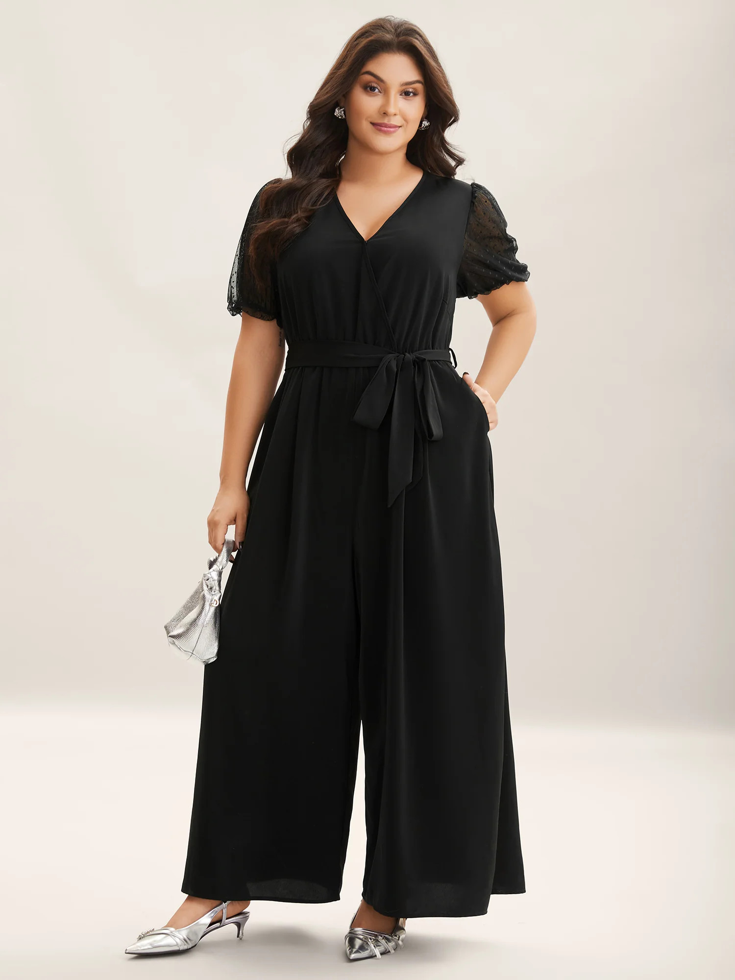 Sheer Stretchy Waist Belted Solid Jumpsuit | Bloomchic