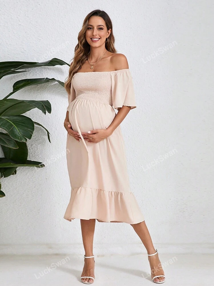 Maternity Fashionable Solid Color Off Shoulder Photoshoot Dress | SHEIN