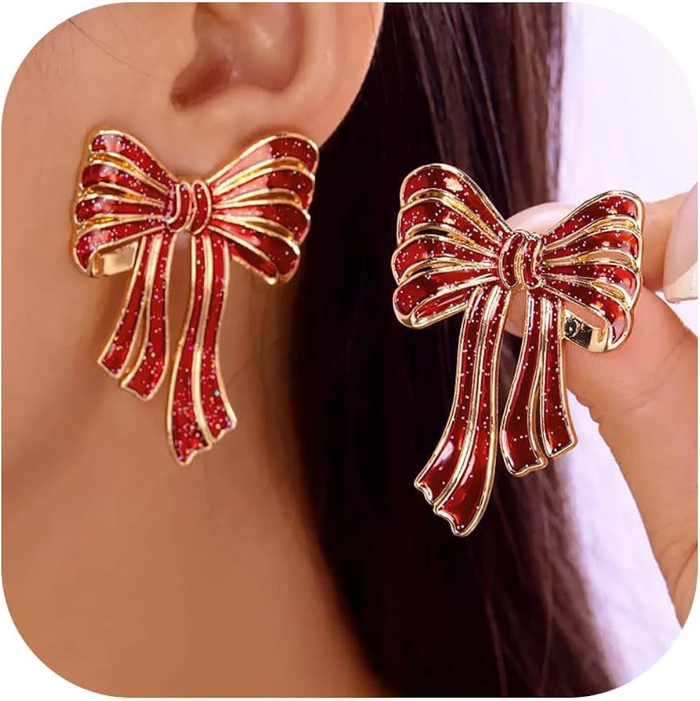 Christmas Bow Earrings for Women Red/Green Bowknot Stud Earring Cute Xmas Dangle Earrings Christm... | Amazon (US)