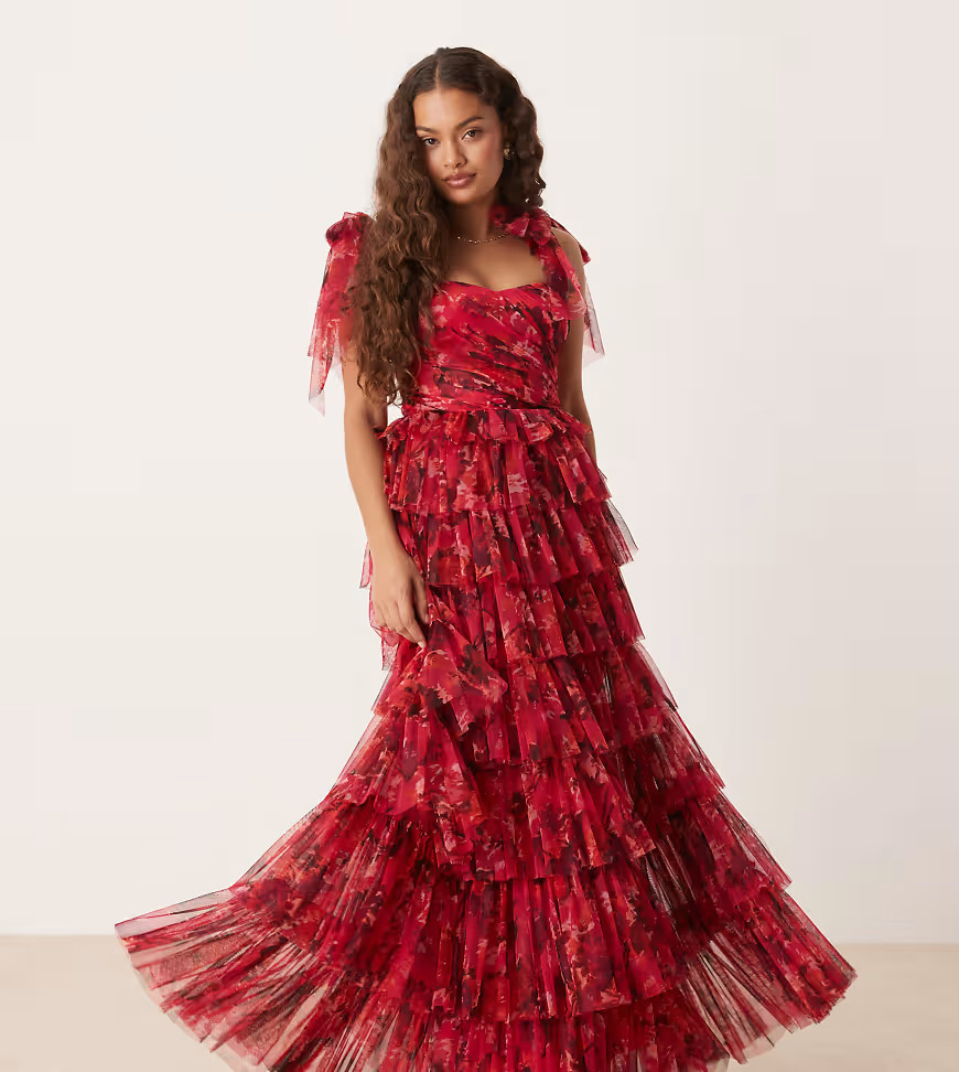 Lace & Beads Petite bow shoulder tiered tulle maxi dress in pink and red rose | ASOS (Global)