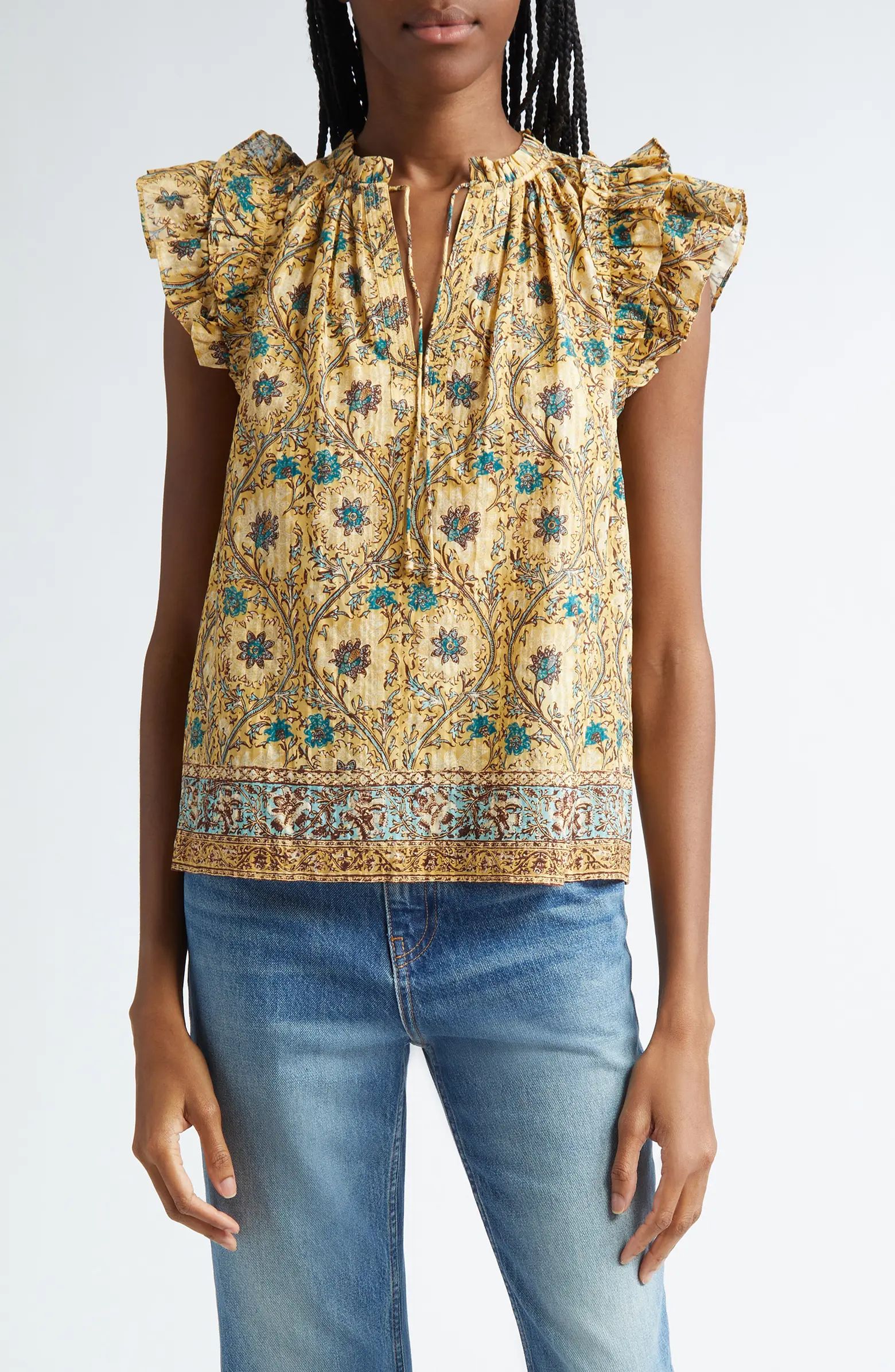 Fleur Floral Ruffle Shoulder Split Neck Top | Nordstrom